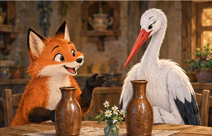 Fox and stork conversing beside unsuitable dinner jars.