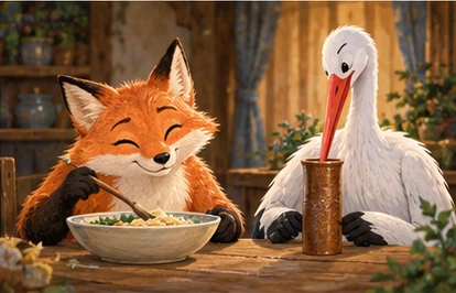 Both dining happily, fox wide bowl and stork deep cup.