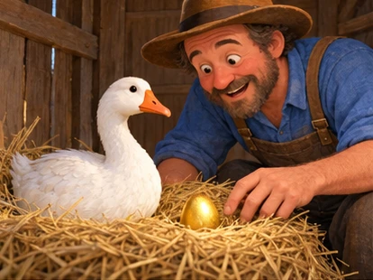 Farmer discovering one golden egg in white goose straw nest.
