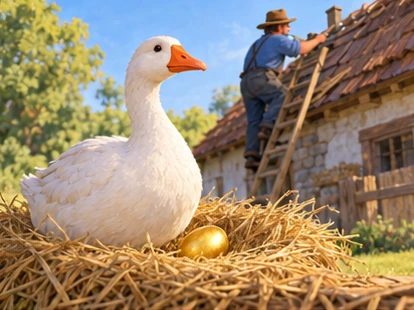 Goose beside one fresh golden egg, farmer repairing roof in background.