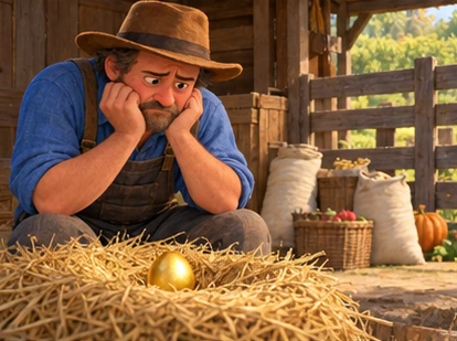 Farmer impatiently looking at nest, repaired fence and stored food.