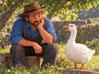 Farmer pondering beside living calm goose, no tools or violence.