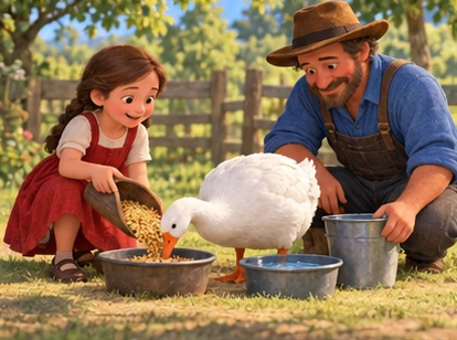 Farmer and daughter providing water grain to goose.