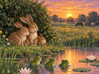 Peaceful sunset meadow with hares by hedge and frogs by pond.