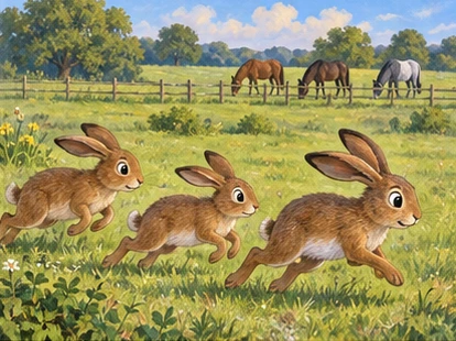 Hares running toward pond, distant horses in separate field.