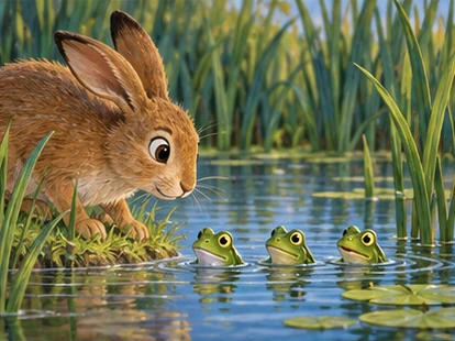 Hare observing frogs peeking above water near bank.