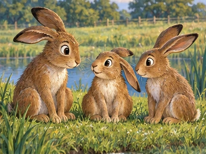 Three hares exchanging thoughtful looks beside pond.