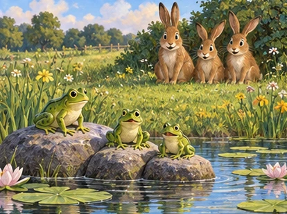 Frogs resting on stones, calm hares nearby at distance.