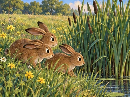 Hares calmly investigating rustling reeds from safe grass.