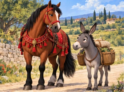 Chestnut horse ornate red harness beside laden grey donkey.
