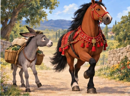 Donkey politely moving aside while proud horse passes.
