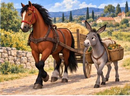 Horse pulling light cart and donkey carrying small baskets safely.