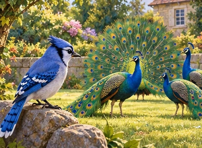 Blue jay watching blue-green peacocks on garden lawn.