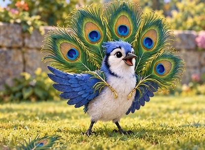 Jay wearing clearly borrowed loose peacock feather fan.