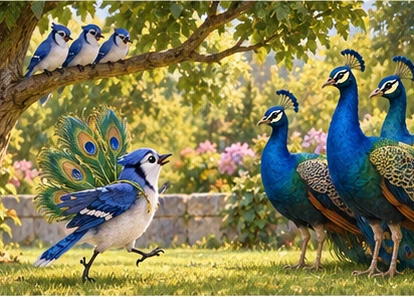 Costumed jay approaching peacocks, other jays watching tree.