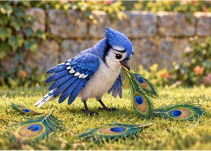 Loose feathers slipping from jay onto grass, natural blue wings visible.