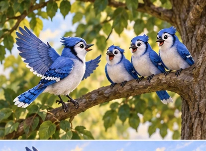 Jay returning to fellow jays on sturdy tree branch.