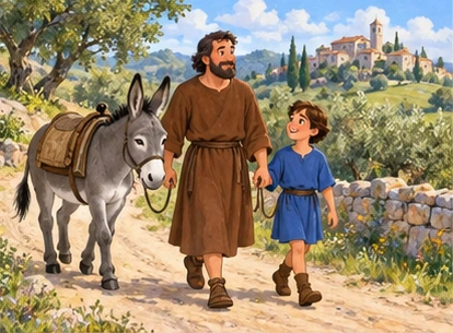 Father boy and grey donkey walking country road.