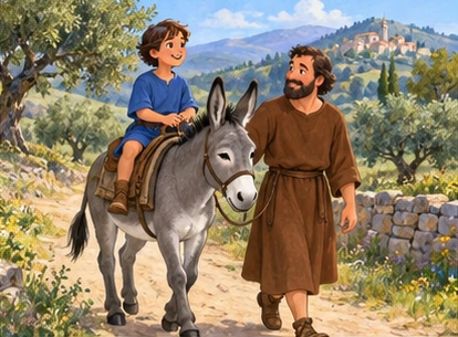 Boy sitting securely on donkey, father walking beside.
