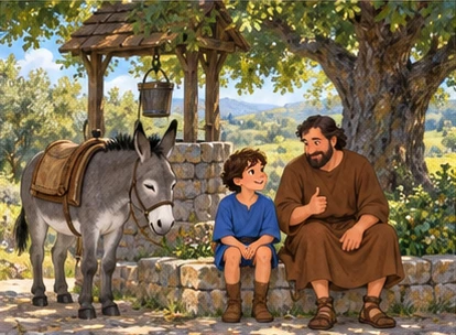 Father boy and resting donkey beside shady well.