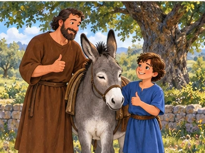 Father and boy agreeing beside comfortable donkey.