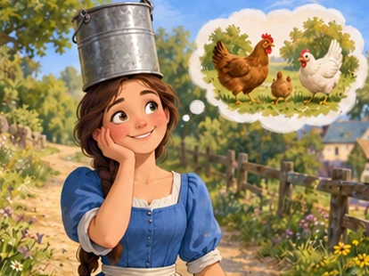 Milkmaid imagining small hens beside country path, no words.