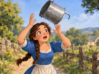 Pail tilting off milkmaid head as she reaches up safely.