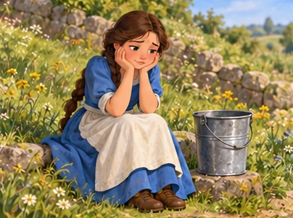 Milkmaid sitting beside empty intact pail on verge.