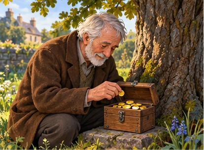Gardener checking wooden coin box beside oak tree.