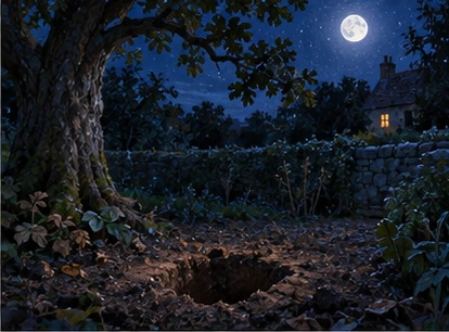 Empty garden at night with disturbed soil under oak, no theft instructions.