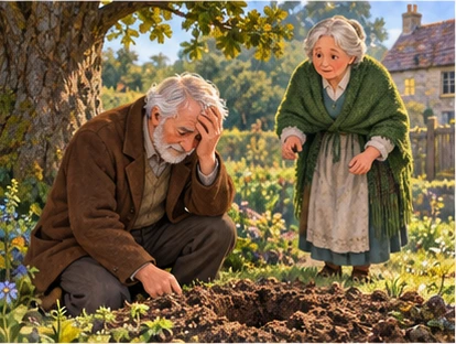 Distressed gardener beside empty hole as neighbour approaches.