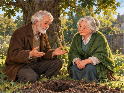 Neighbour listening kindly to gardener near empty coin-box hole.