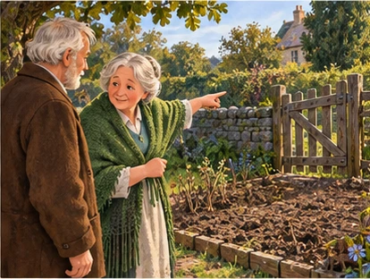 Neighbour indicating bare flowerbed and broken gate to gardener.