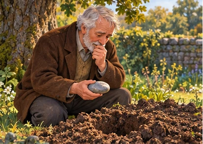 Gardener considering simple stone beside empty hole.