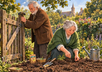 Gardener repairing gate and planting seeds with neighbour.