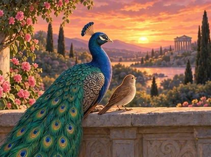 Peacock and nightingale together in sunset garden.