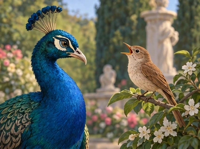 Peacock considering plain nightingale singing beautifully.