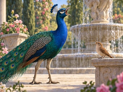 Peacock calling beside fountain, nightingale nearby.