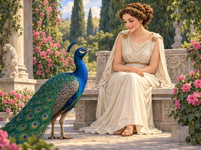 Peacock visiting gentle Juno on stone bench in garden.