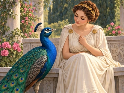 Thoughtful peacock listening to Juno beside flowers.