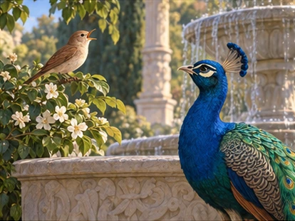 Peacock peacefully listening to nightingale beside fountain.