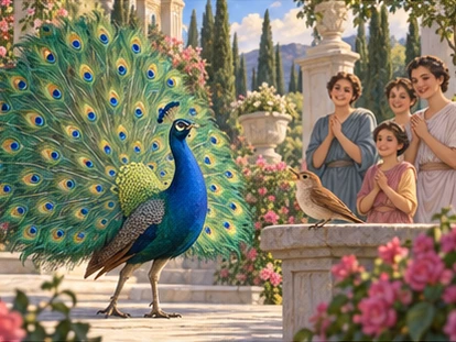 Peacock tail display with singing nightingale, visitors at respectful distance.