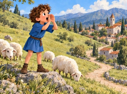 Boy calling down hillside, peaceful sheep and no wolf.