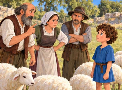 Villagers speaking seriously to boy beside pasture.