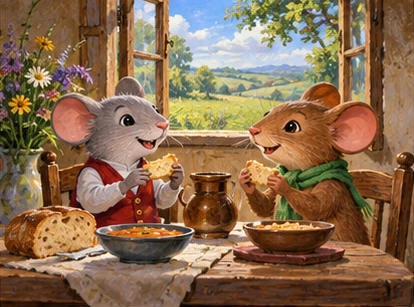 Two mice eating simple meal beside open country window.