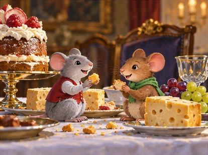 Mice beside cakes cheese and fruit crumbs on dining table.