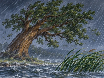 Reeds bending low, oak branches straining in rain, no creatures nearby.