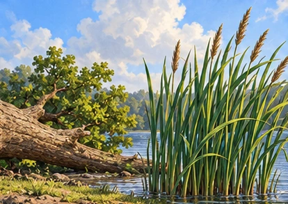 Reeds rising upright after storm beside fallen oak.