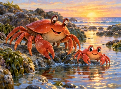 Mother and baby crabs leaving tide pool at dawn.
