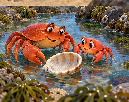 Crabs beside empty shell in peaceful tide pool.